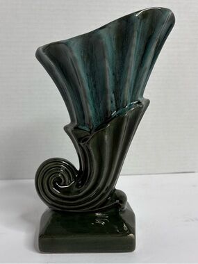 Beauceware Art Deco-Inspired Glazed Ceramic Cornucopia Vase Deep Green and Teal